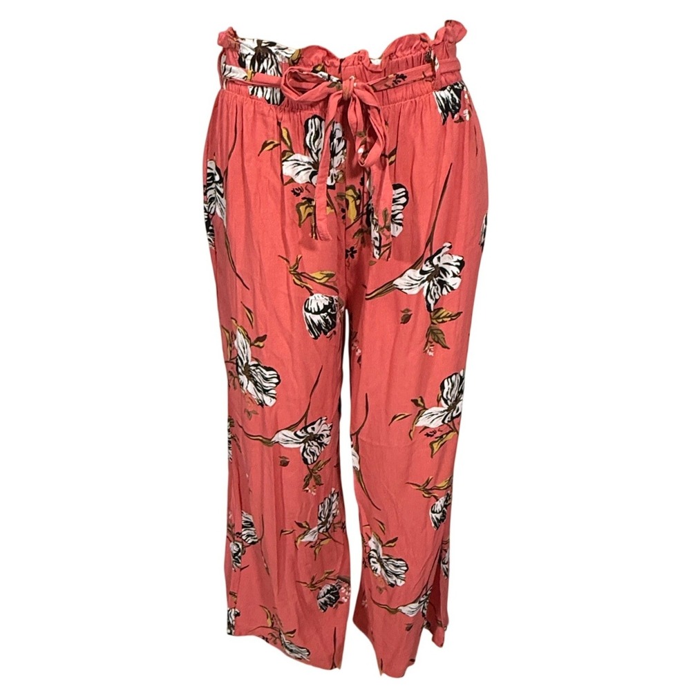 New Look Coral‎ Pink Tropical Floral Wide Leg Pants with Tie Belt Large
